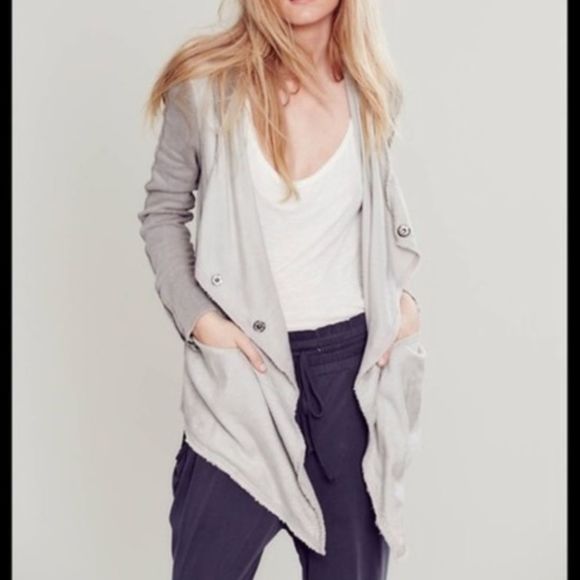 Free People Linen Cotton Drippy Asymmetrical Jacket Grey XS - Picture 2 of 14